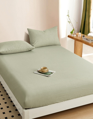 Простыня на резинке, с высотой борта 25 см "boiled cotton" - Вареный (стираный) хлопок» оливковый